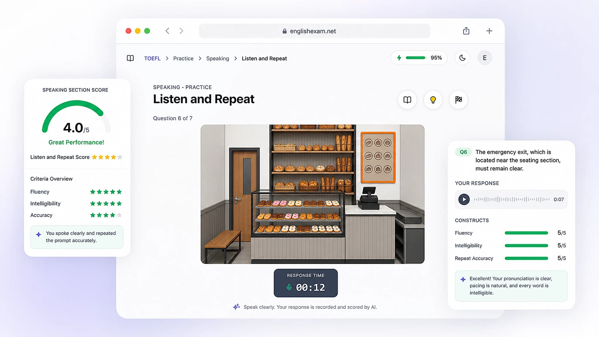 EnglishExam.net — Listen and Repeat speaking practice with AI scoring and pronunciation feedback