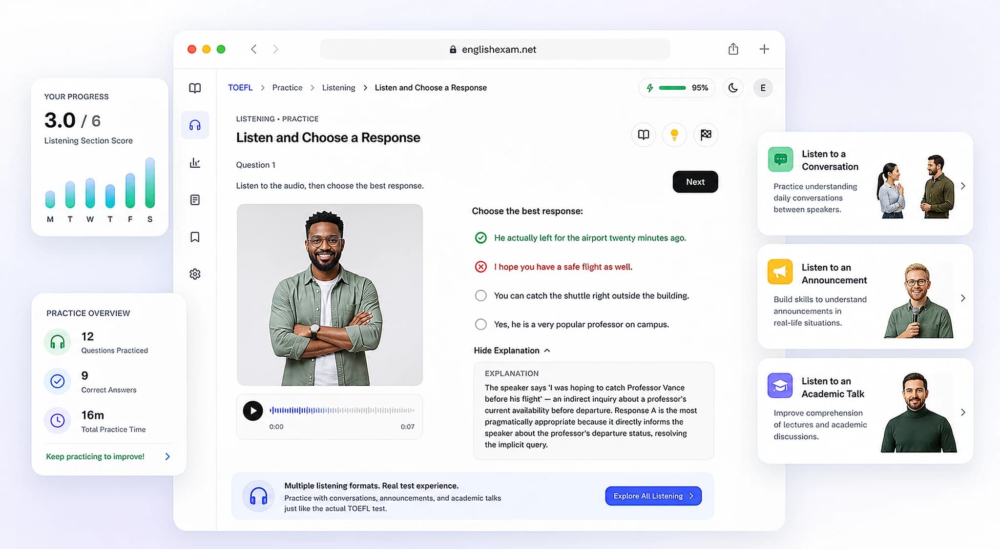 Listening practice interface showing a conversation with audio player and multiple-choice questions