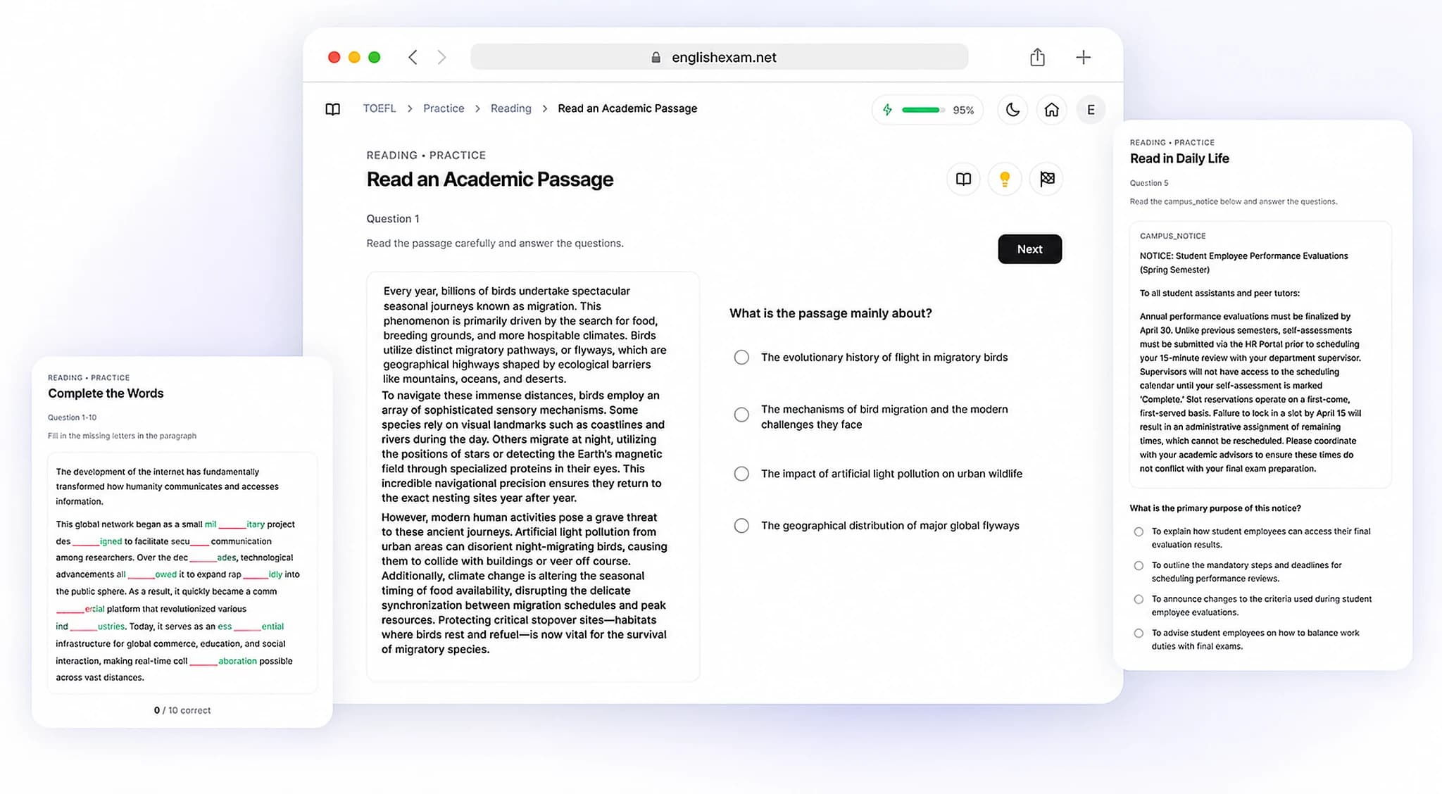 Reading practice interface showing an academic passage with highlighted text and comprehension questions