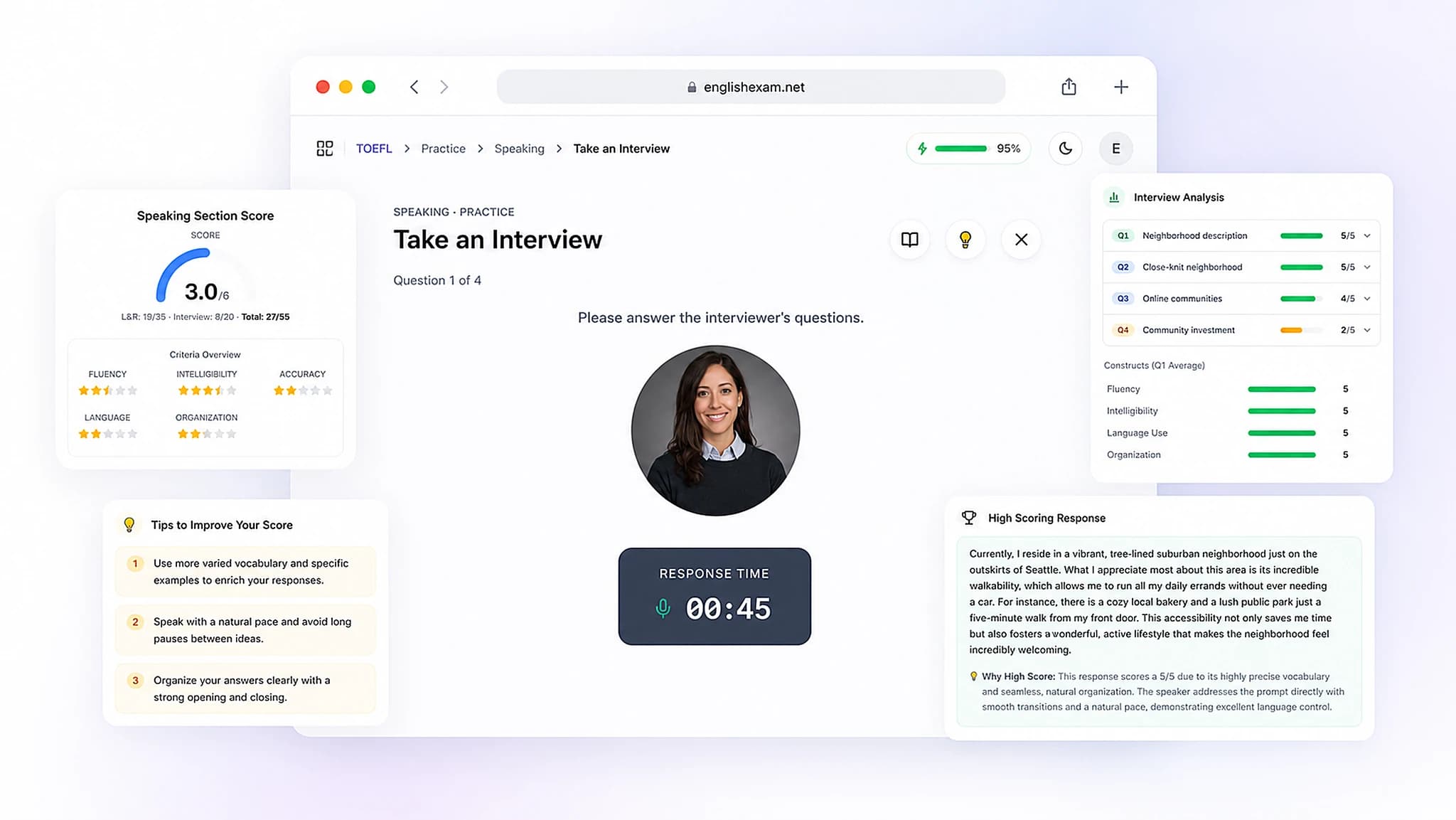 Speaking practice interface showing an AI interviewer with response timer and scoring breakdown