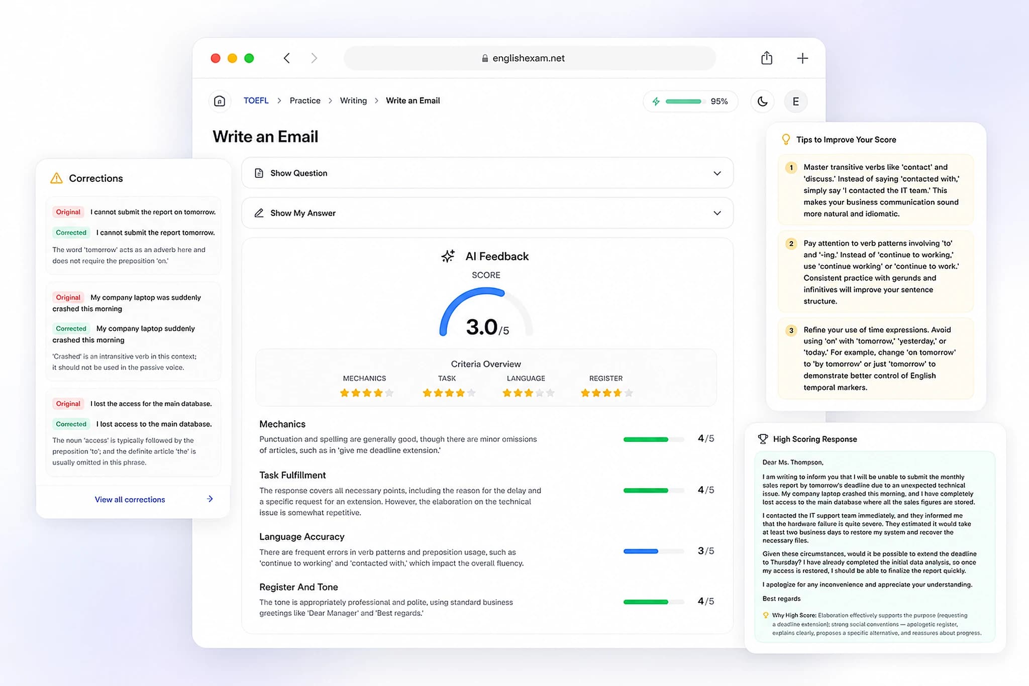 AI writing feedback showing score breakdown across four criteria with detailed corrections and tips